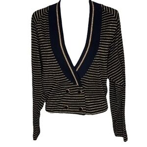 Judy Knapp Crop Cardigan Sweater Black and Metallic Gold Knit Stripe Vintage